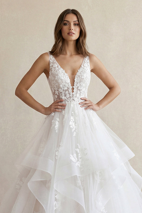 Elegant A-Line V Neck Wedding Dresses with Appliques – Wedding Dresses by KissProm | Available at KissProm