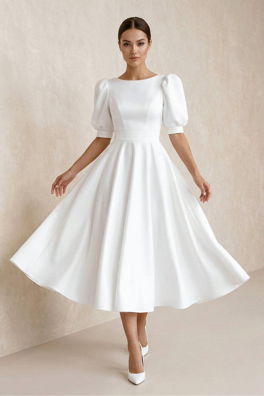 Elegant Bateau A Line Satin Knee - length Wedding Dress – Wedding Dresses by KissProm | Available at KissProm