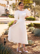 Elegant Bateau A Line Satin Knee - length Wedding Dress - KissProm