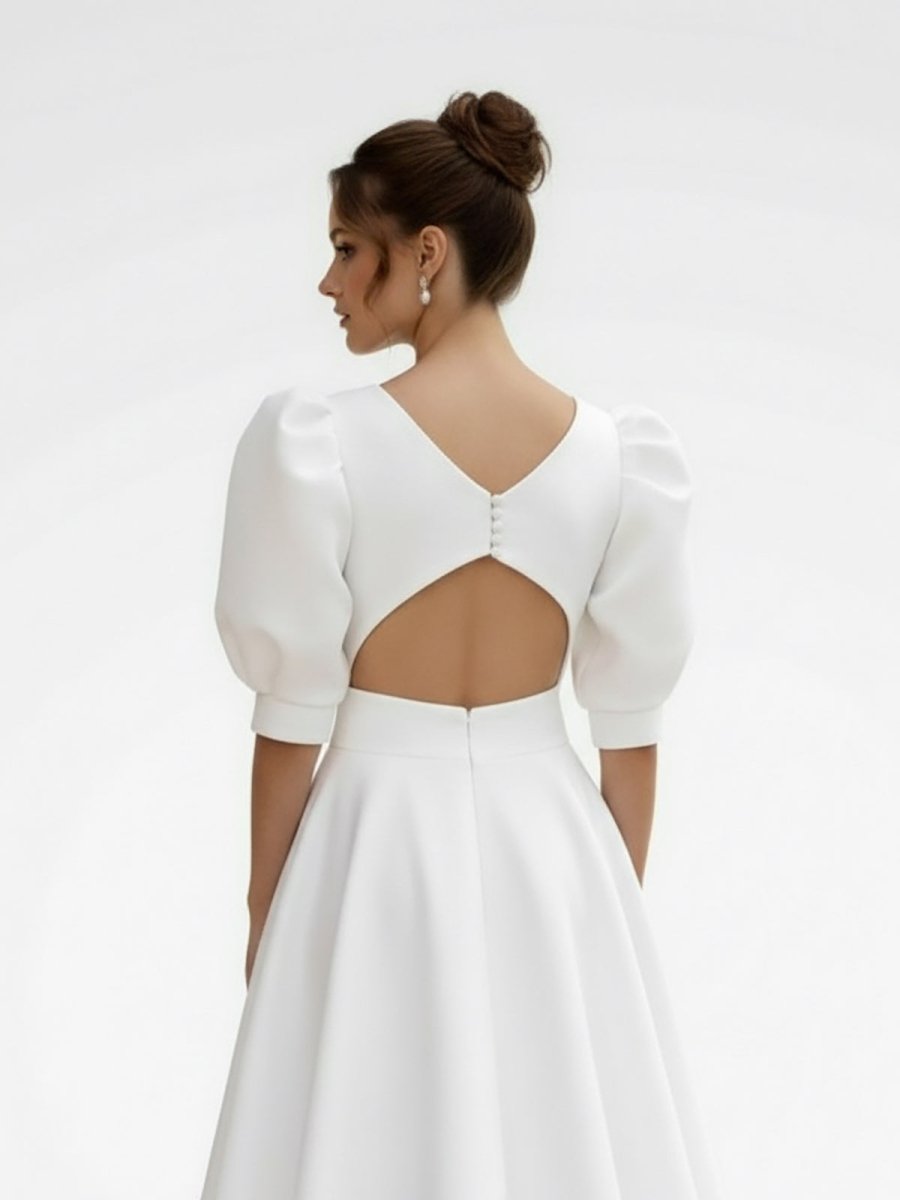 Elegant Bateau A Line Satin Knee - length Wedding Dress - KissProm