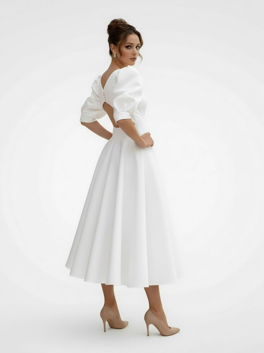 Elegant Bateau A Line Satin Knee - length Wedding Dress - KissProm