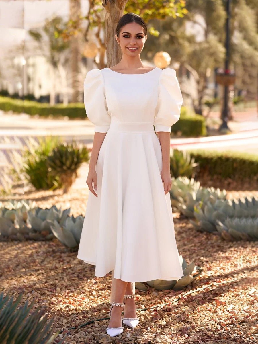 Elegant Bateau A Line Satin Knee - length Wedding Dress - KissProm