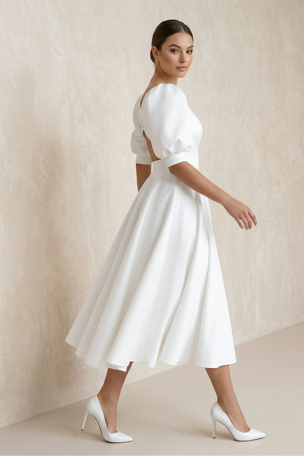 Elegant Bateau A Line Satin Knee-length Wedding Dress, Diamond White / 6 Elegant Bateau A Line Satin Knee-length Wedding Dress, Diamond White / 6