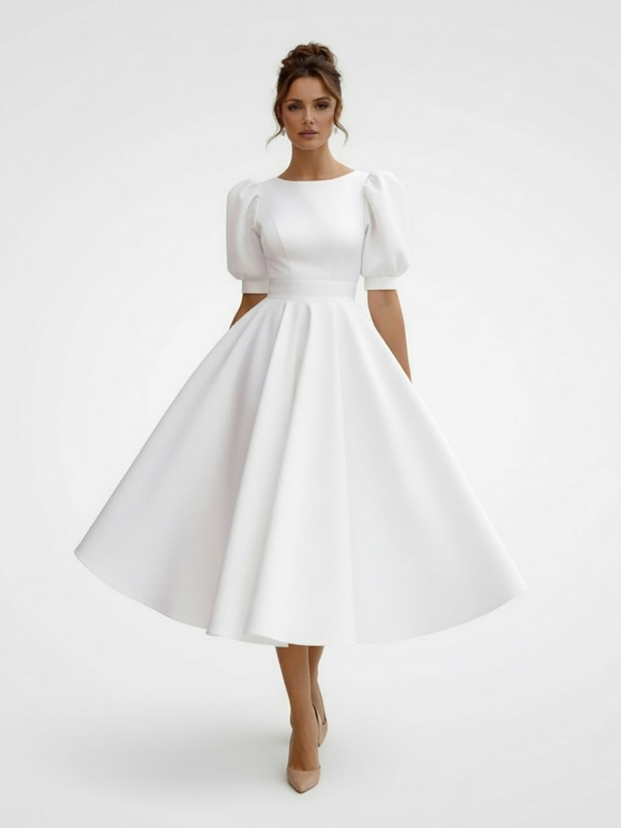 Elegant Bateau A Line Satin Knee - length Wedding Dress - KissProm