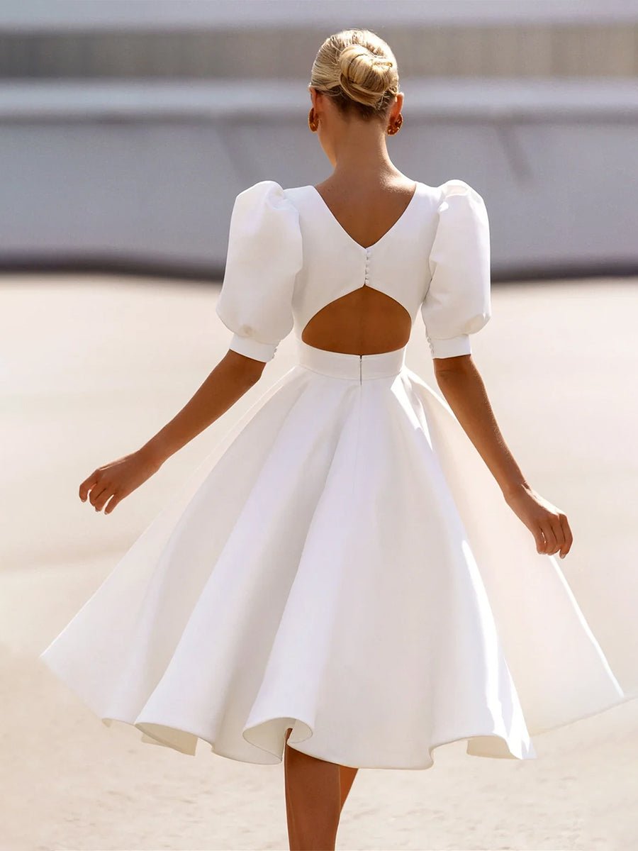 Elegant Bateau A Line Satin Knee - length Wedding Dress - KissProm