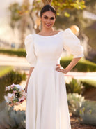 Elegant Bateau A Line Satin Knee - length Wedding Dress - KissProm