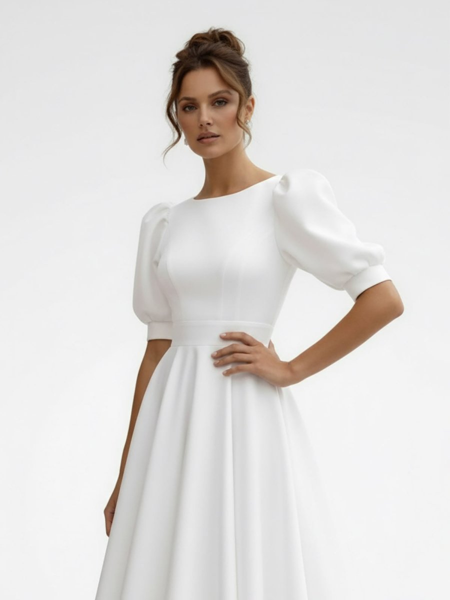 Elegant Bateau A Line Satin Knee - length Wedding Dress - KissProm