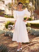 Elegant Bateau A Line Satin Knee - length Wedding Dress - KissProm