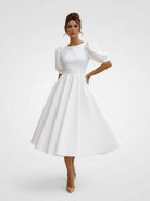 Elegant Bateau A Line Satin Knee - length Wedding Dress - KissProm