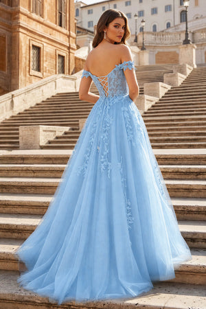A-line V Neck Lace Tulle Prom Dress With Slit - KissProm