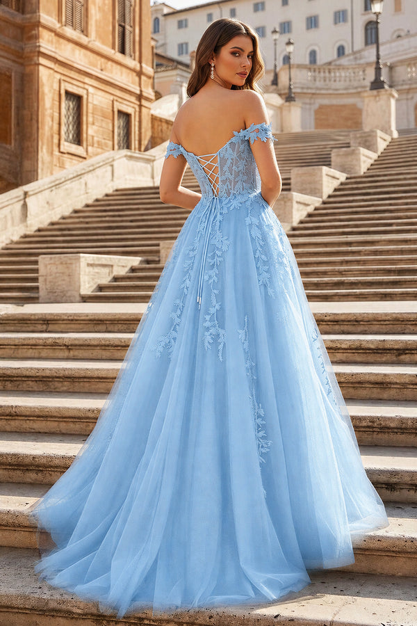 A-line V Neck Lace Tulle Prom Dress With Slit - KissProm