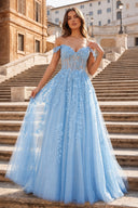 A-line V Neck Lace Tulle Prom Dress With Slit - KissProm