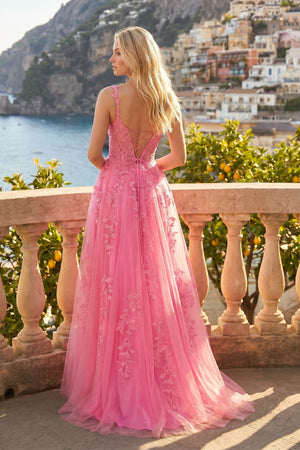 A-line V Neck Lace Tulle Prom Dress With Slit - KissProm