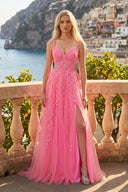 A-line V Neck Lace Tulle Prom Dress With Slit - KissProm