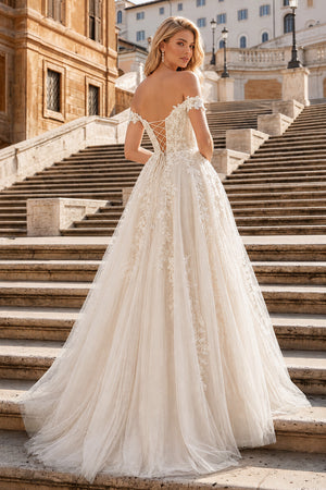 A-line V Neck Lace Tulle Prom Dress With Slit - KissProm