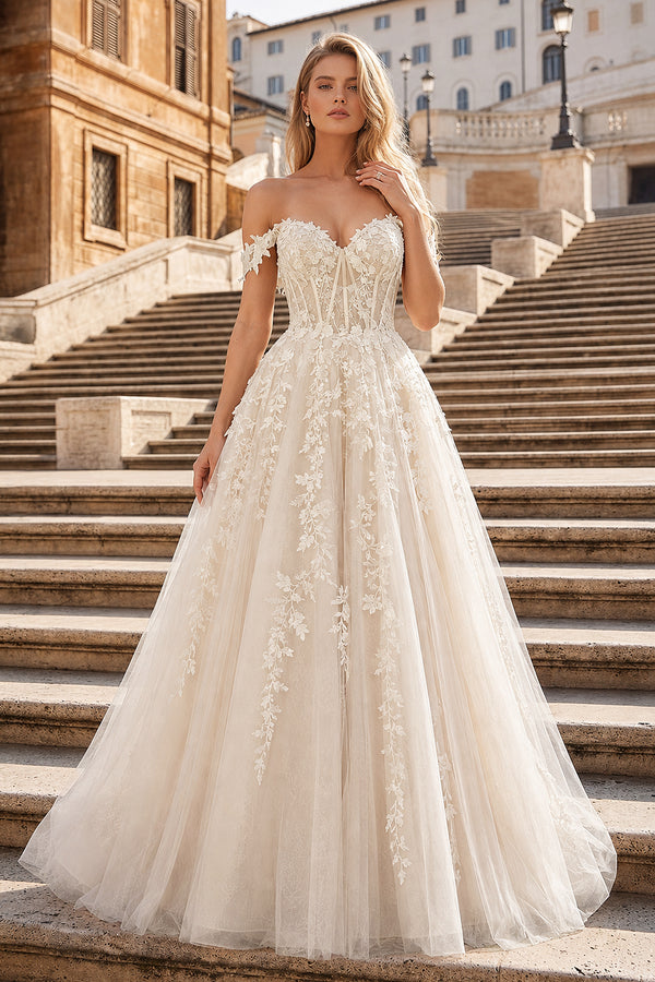A-line V Neck Lace Tulle Prom Dress With Slit - KissProm