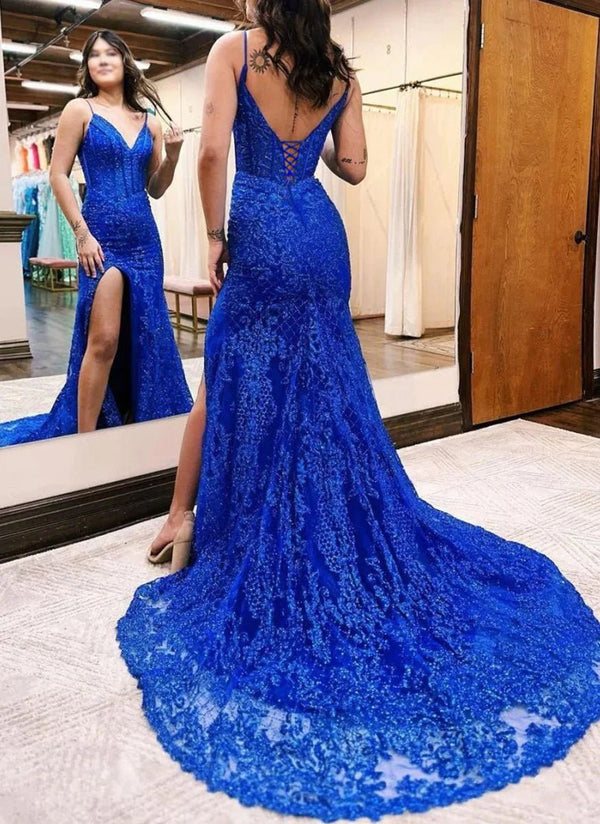 Shirley | Elegant Long Mermaid Royal Blue V - neck Sleeveless Lace Prom Dress With Slit - KissProm