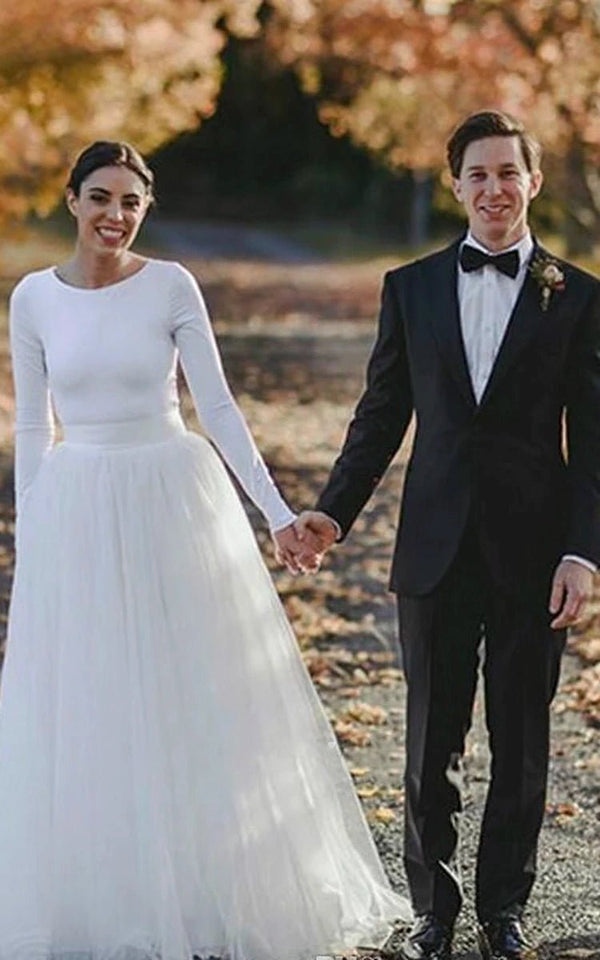 Elegant Long Sleeve Fitted Modest Jersey And Tulle Wedding Dress