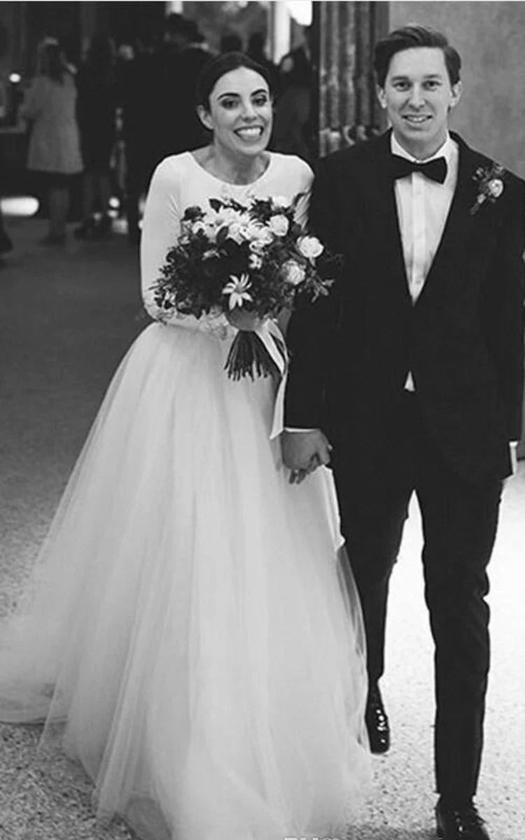 Elegant Long Sleeve Fitted Modest Jersey and Tulle Wedding Dress Diamond White / 20 Elegant Long Sleeve Fitted Modest Jersey and Tulle Wedding Dress Diamond White / 20