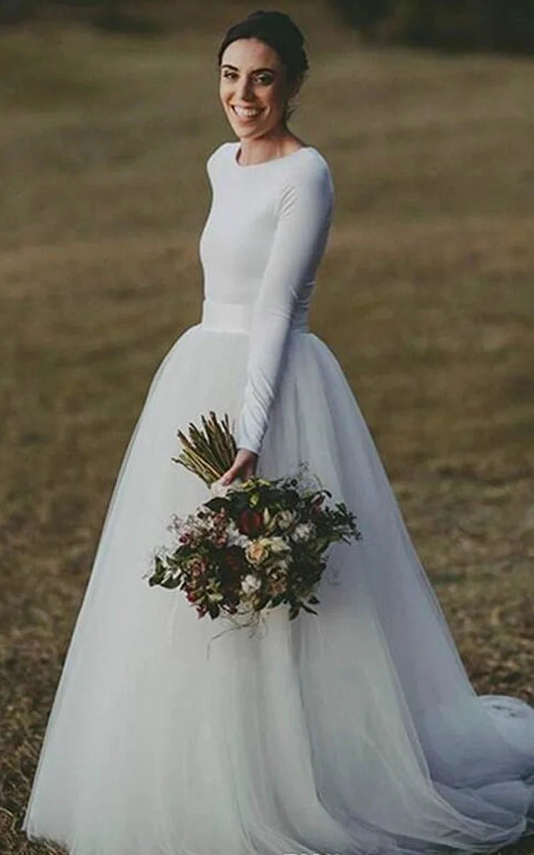 Elegant Long Sleeve Fitted Modest Jersey and Tulle Wedding Dress Diamond White / 20 Elegant Long Sleeve Fitted Modest Jersey and Tulle Wedding Dress Diamond White / 20