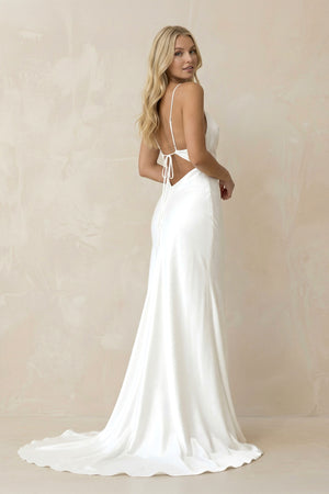 Mermaid Satin White Sweep Train Spaghetti Straps Wedding Dress– Wedding Dresses by KissProm | Available at KissProm