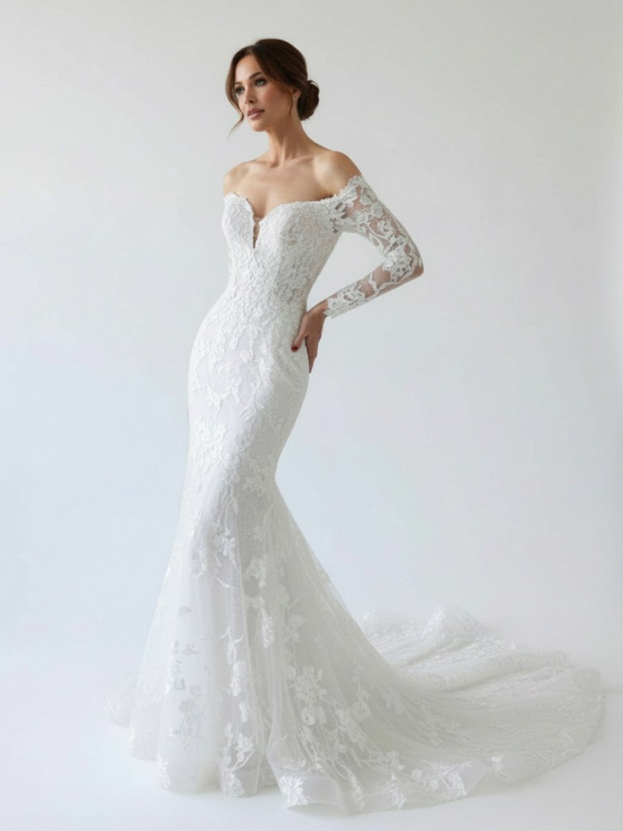 Elegant Mermaid Long Sleeve Off the Shoulder Lace Wedding Dress, Diamond White / 16 Elegant Mermaid Long Sleeve Off the Shoulder Lace Wedding Dress, Diamond White / 16