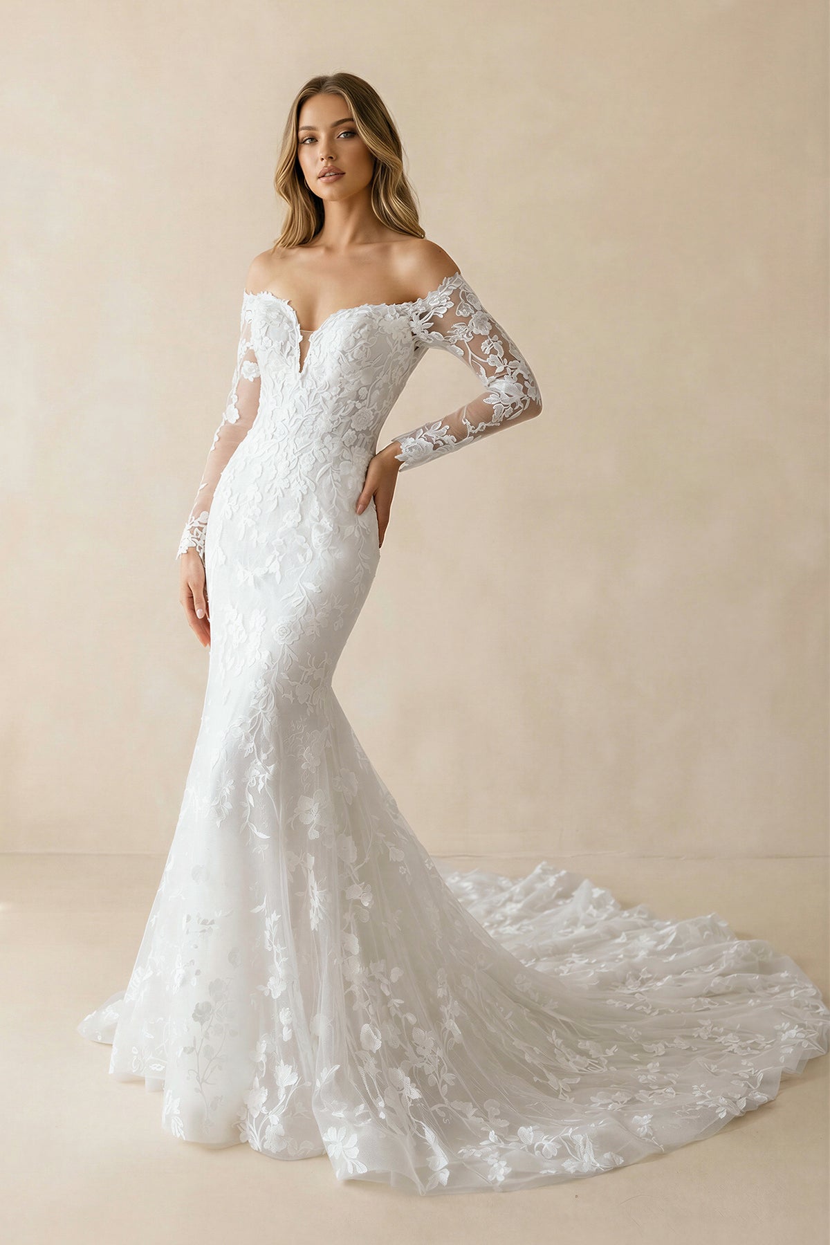 Elegant Mermaid Long Sleeve Off the Shoulder Lace Wedding Dress Diamond White / 16