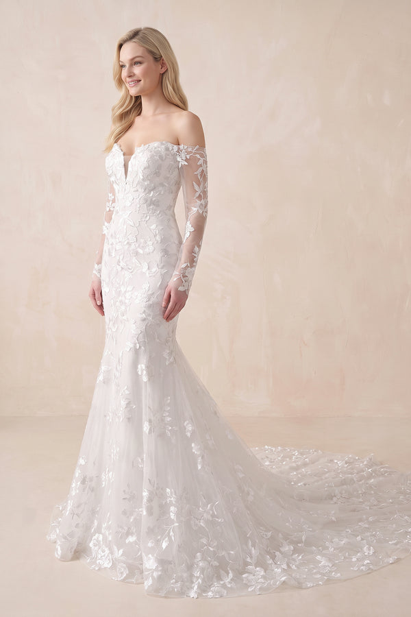 White Elegant Mermaid Long Sleeve Off the Shoulder Lace Wedding Dress– Wedding Dresses by KissProm | Available at KissProm