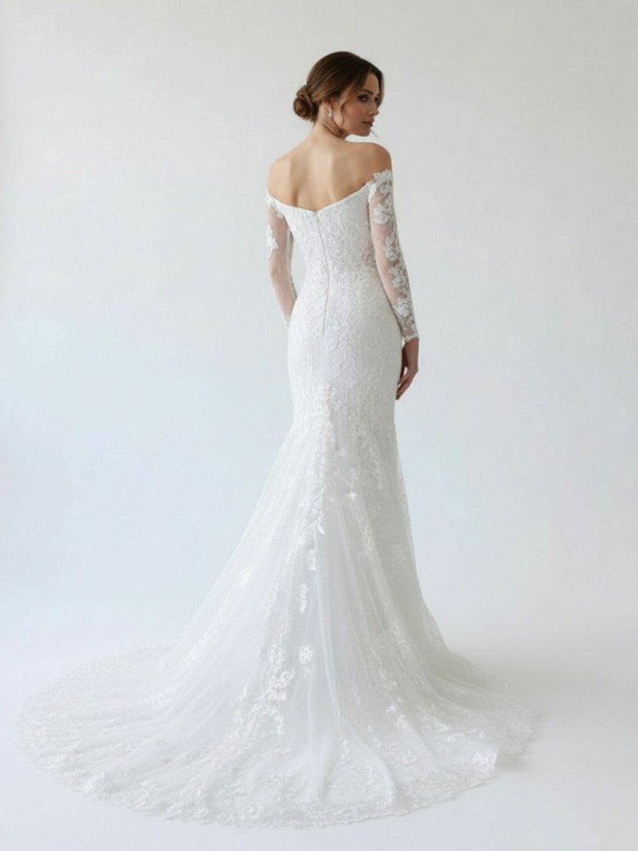 Elegant Mermaid Long Sleeve Off the Shoulder Lace Wedding Dress - KissProm