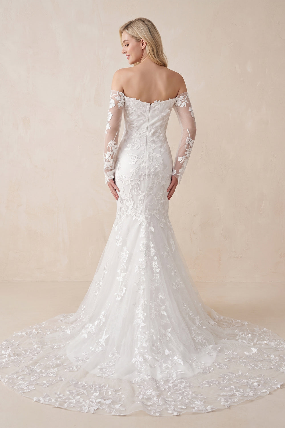White Elegant Mermaid Long Sleeve Off the Shoulder Lace Wedding Dress– Wedding Dresses by KissProm | Available at KissProm