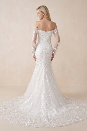 White Elegant Mermaid Long Sleeve Off the Shoulder Lace Wedding Dress– Wedding Dresses by KissProm | Available at KissProm