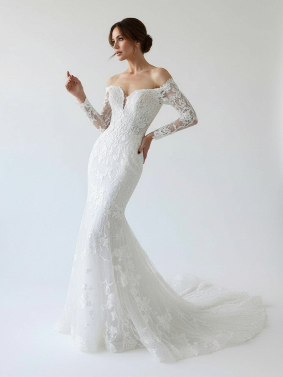 Elegant Mermaid Long Sleeve Off the Shoulder Lace Wedding Dress, Diamond White / 16 Elegant Mermaid Long Sleeve Off the Shoulder Lace Wedding Dress, Diamond White / 16