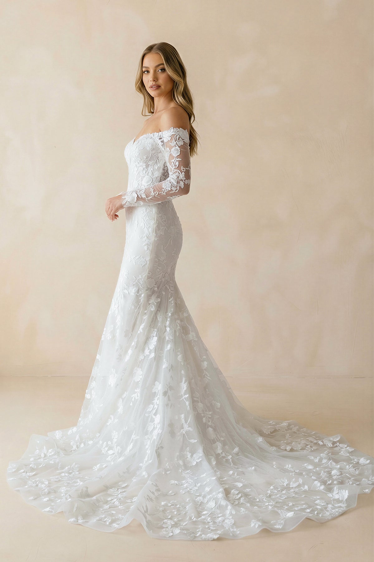 Elegant Mermaid Long Sleeve Off the Shoulder Lace Wedding Dress, Diamond White / 16 Elegant Mermaid Long Sleeve Off the Shoulder Lace Wedding Dress, Diamond White / 16