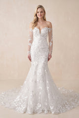 White Elegant Mermaid Long Sleeve Off the Shoulder Lace Wedding Dress– Wedding Dresses by KissProm | Available at KissProm