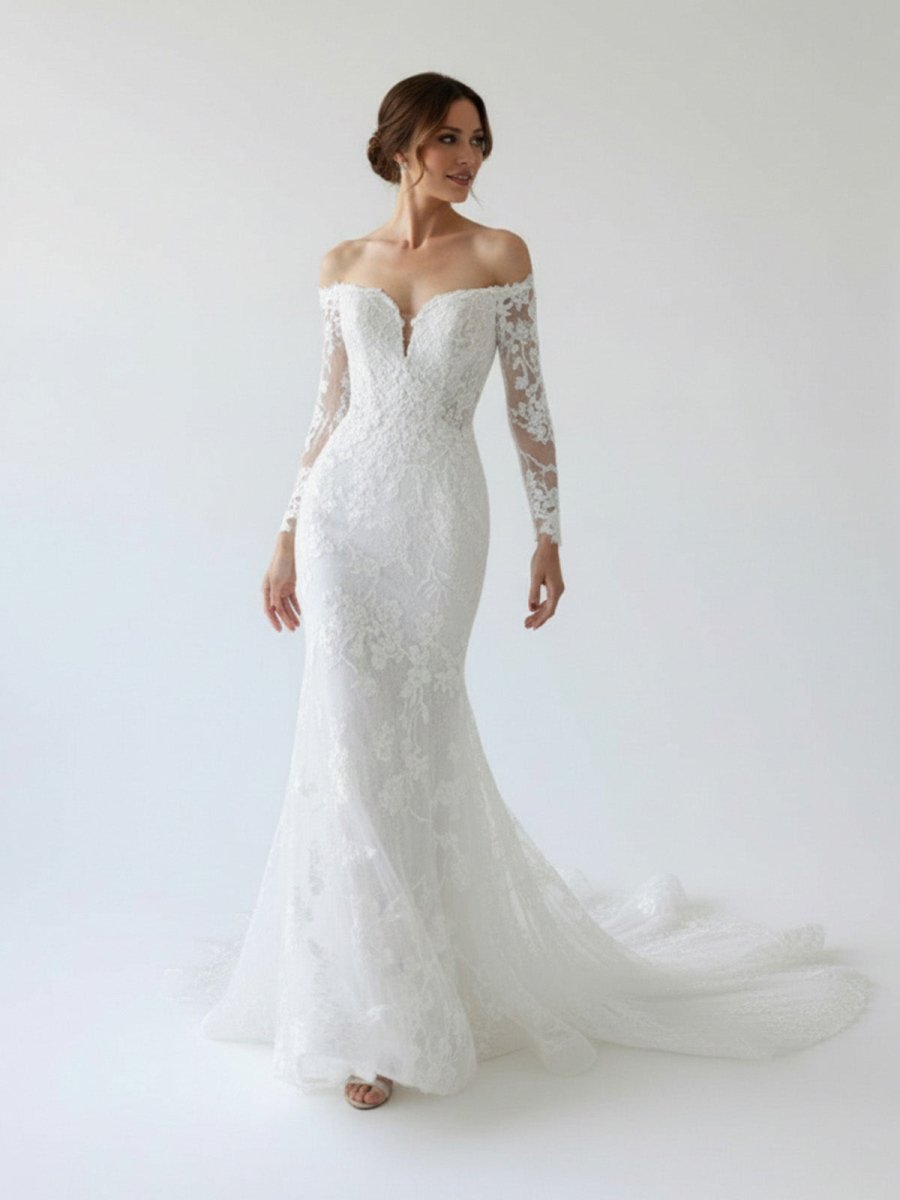 Elegant Mermaid Long Sleeve Off the Shoulder Lace Wedding Dress - KissProm