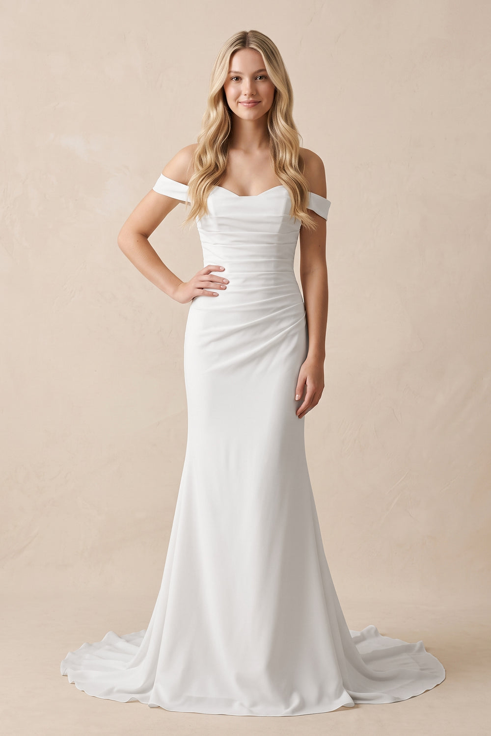 White Elegant Mermaid Off the Shoulder Elastic Long Wedding Dresses-KissProm