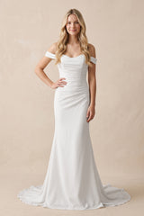 White Elegant Mermaid Off the Shoulder Elastic Long Wedding Dresses-KissProm