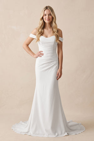 White Elegant Mermaid Off the Shoulder Elastic Long Wedding Dresses-KissProm