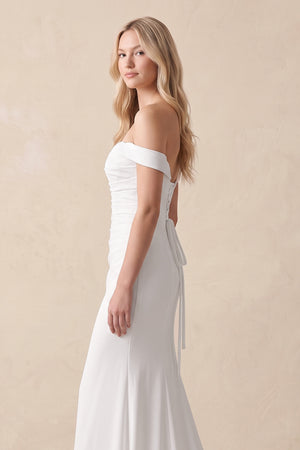 White Elegant Mermaid Off the Shoulder Elastic Long Wedding Dresses-KissProm