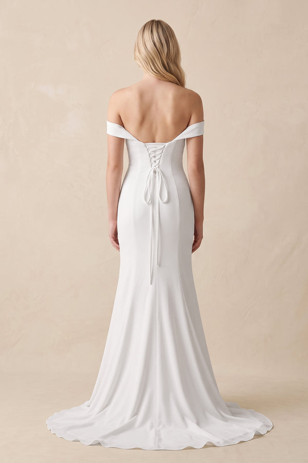 White Elegant Mermaid Off the Shoulder Elastic Long Wedding Dresses-KissProm