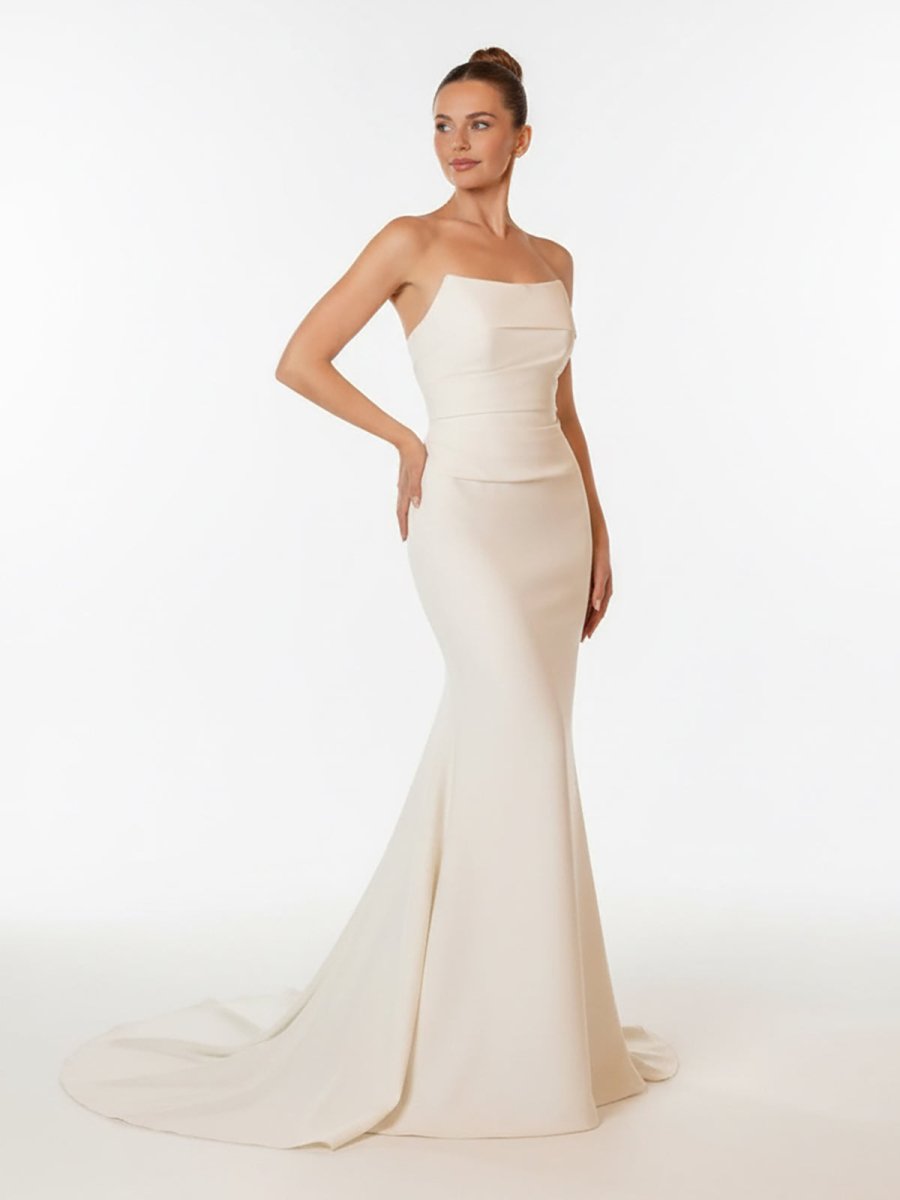 Elegant Mermaid Strapless Elastic Satin Wedding Dresses with Train - KissProm