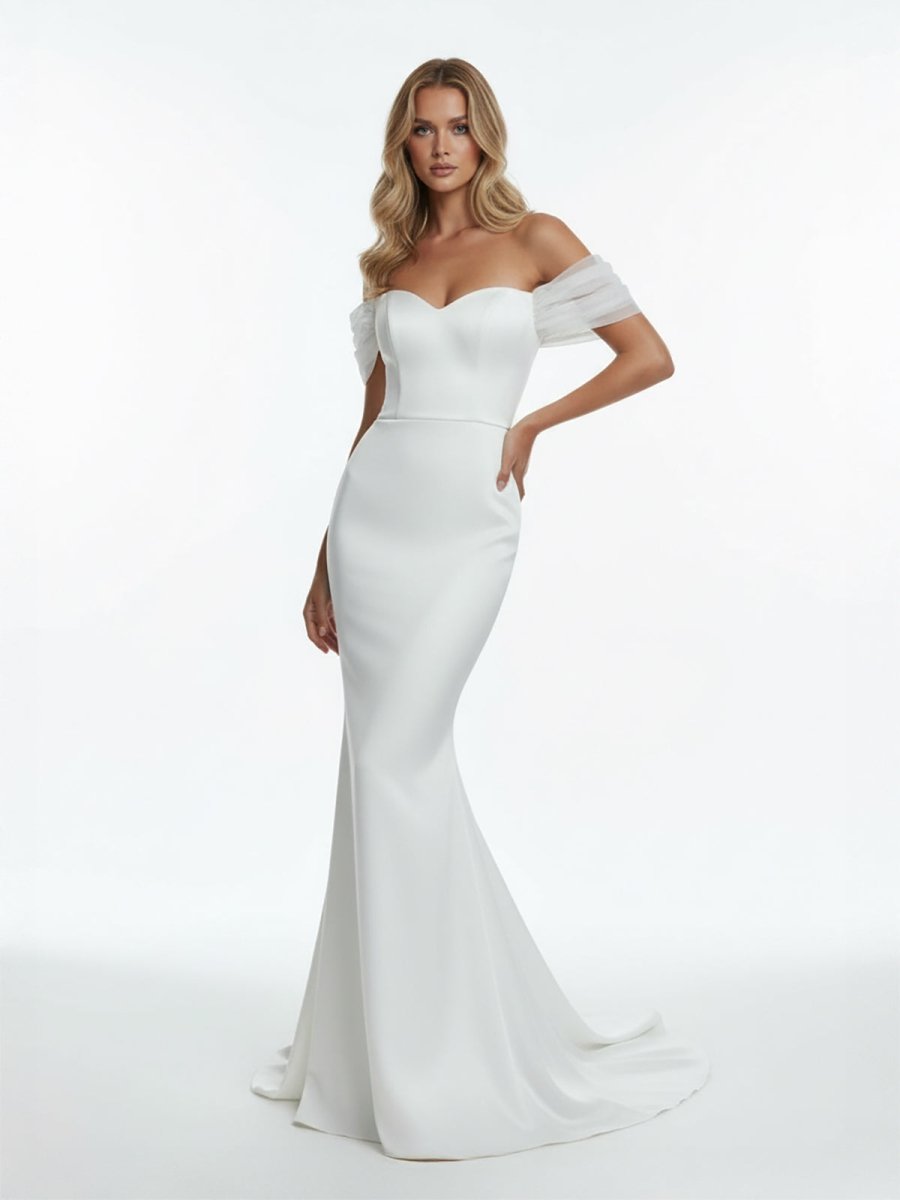 Elegant Mermaid Sweetheart Sexy Off - the - Shoulder Wrap - Around Satin Wedding Dress - KissProm