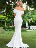 Elegant Mermaid Sweetheart Sexy Off - the - Shoulder Wrap - Around Satin Wedding Dress - KissProm