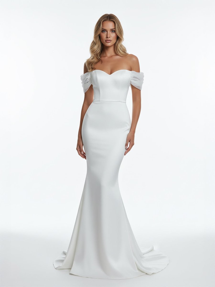 Elegant Mermaid Sweetheart Sexy Off - the - Shoulder Wrap - Around Satin Wedding Dress - KissProm