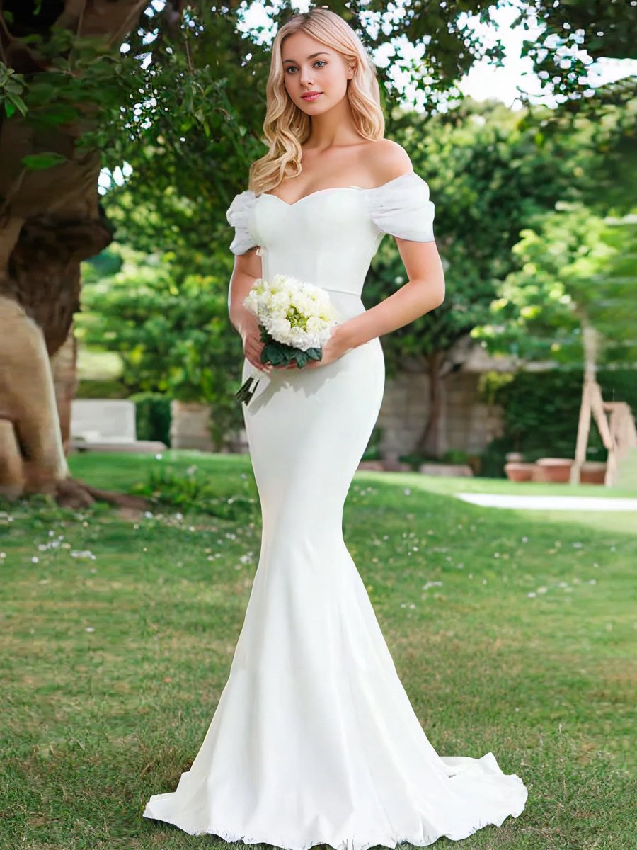 Elegant Mermaid Sweetheart Sexy Off - the - Shoulder Wrap - Around Satin Wedding Dress - KissProm