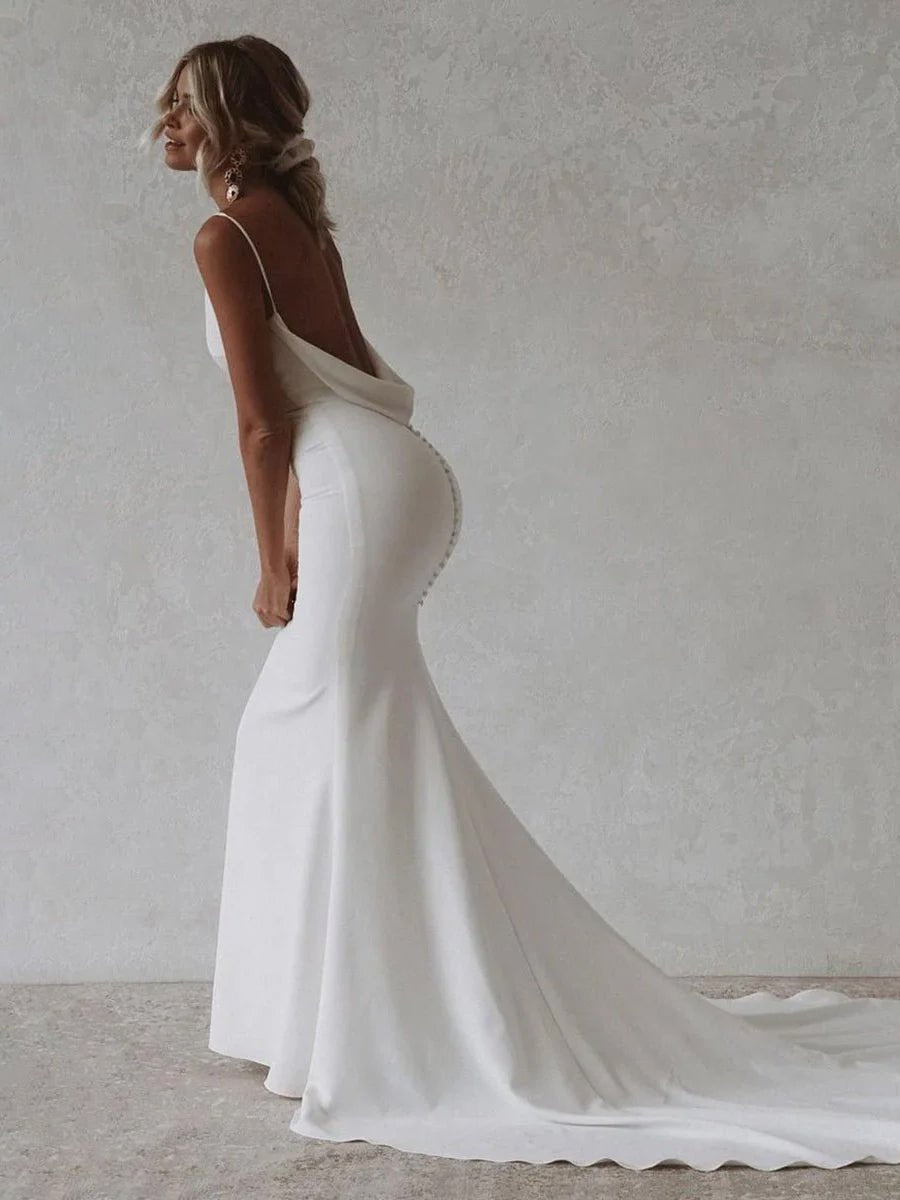 Elegant Mermaid V-Neck Elastic Satin Long Wedding Dresses Elegant Mermaid V-Neck Elastic Satin Long Wedding Dresses