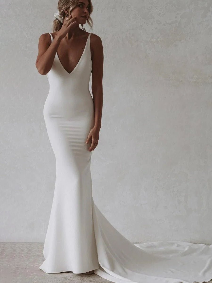 Elegant Mermaid V-Neck Elastic Satin Long Wedding Dresses, Diamond White / 18