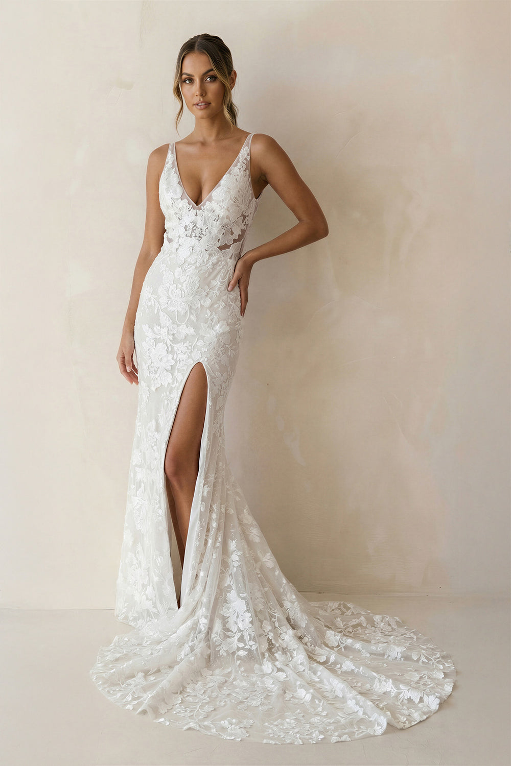 Elegant Mermaid V Neck Lace Boho Wedding Dresses with Slit-Wedding Dresses by KissProm | Available at KissProm