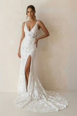 Elegant Mermaid V Neck Lace Boho Wedding Dresses with Slit-Wedding Dresses by KissProm | Available at KissProm