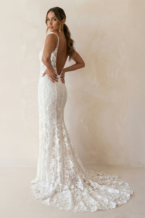 Elegant Mermaid V Neck Lace Boho Wedding Dresses with Slit-Wedding Dresses by KissProm | Available at KissProm